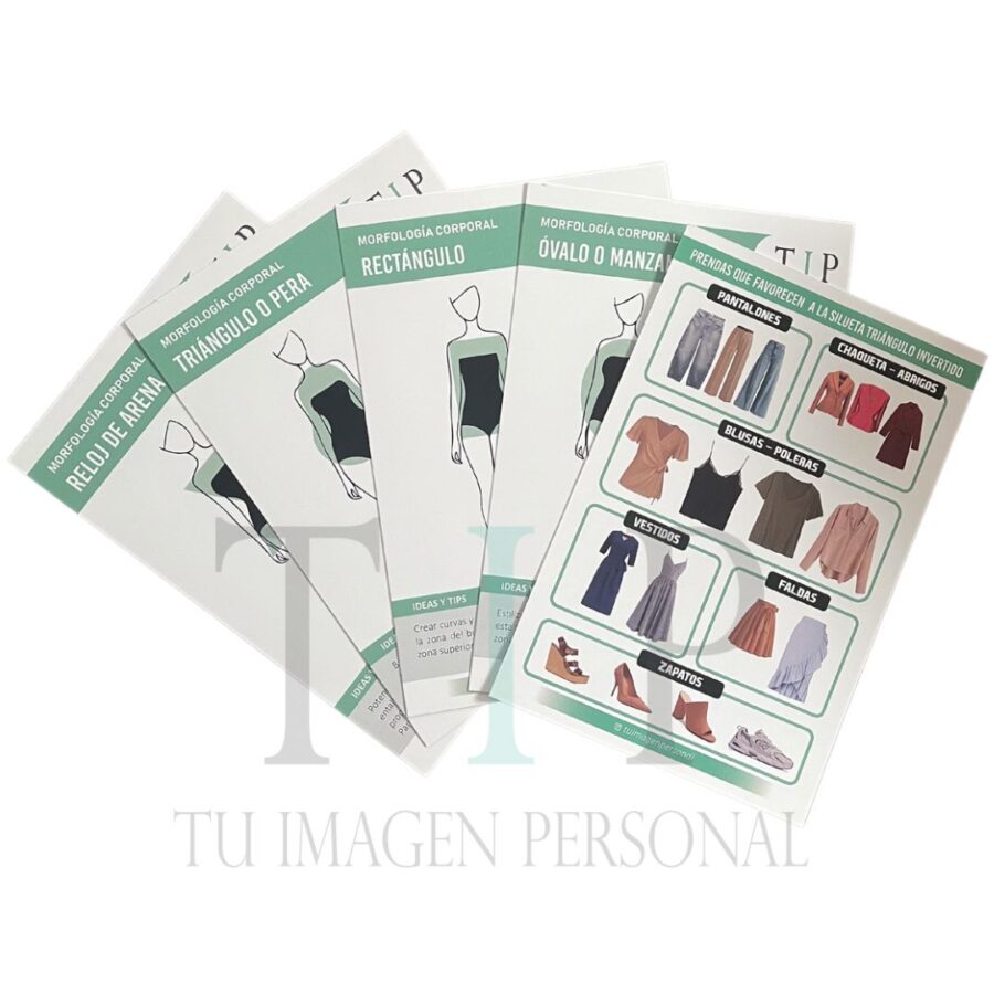 5 láminas de cuerpo de mujer con sus características de mejores prendas y zapatos para cada una